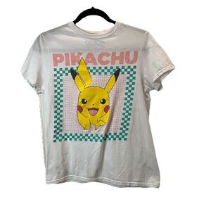 Pokemon Pikachu Light Pink Teal Yellow Graphic Logo Tee Shirt Womens Size S